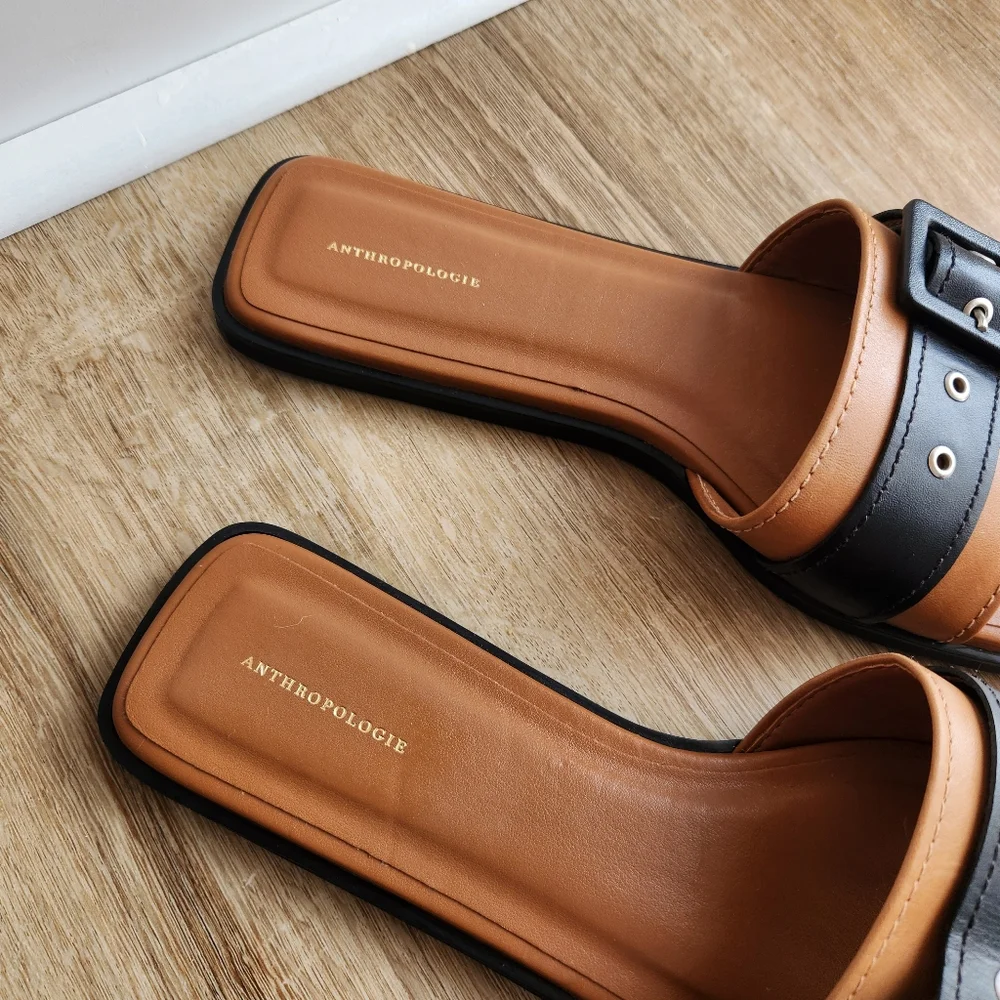 Anthropologie Cedar Brown & Black Buckle Slide Sandals Women's Size 39 - Picture 4 of 7